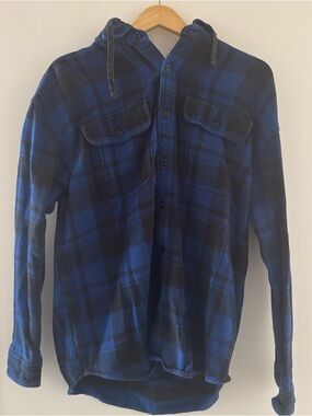 American Eagle Outfitters Blue and Black Plaid Hooded Button-Down Shirt